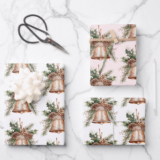 Gold Bronze White Christmas Bells Wrapping Paper Sheet (Front)
