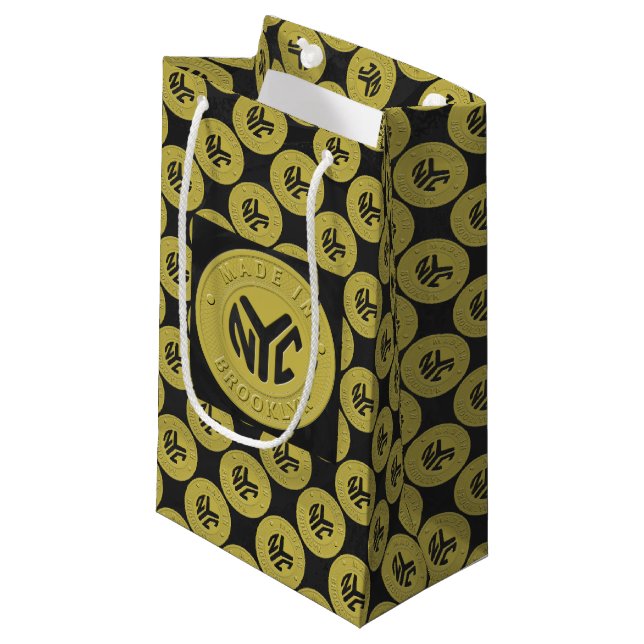 Gold Brooklyn Subway Token Pattern Small Gift Bag (Front Angled)