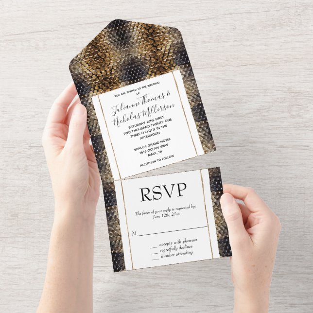 Gold Brown Black Ivory Snake Skin All In One Invitation (Tearaway)