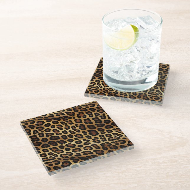 Gold Brown Black Leopard Print Glass Coaster (Angled)