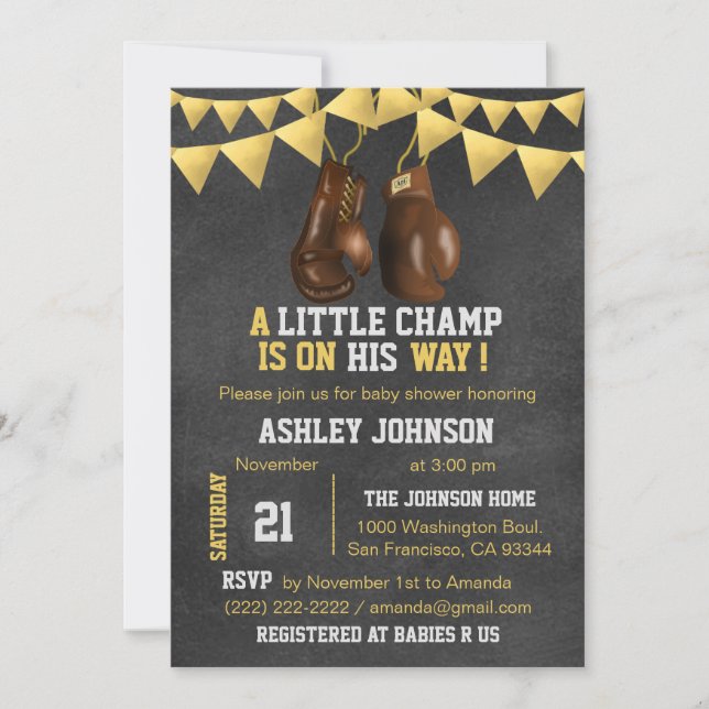 Gold Brown Boy Boxe Boxing Baby Shower Invitations (Front)