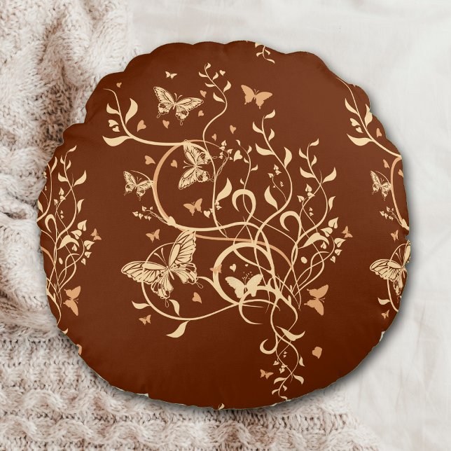 Gold Brown Butterfly Swirl Round Cushion (Creator Uploaded)