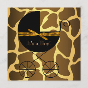 Gold Brown Carriage Boy Giraffe Baby Shower Invitation