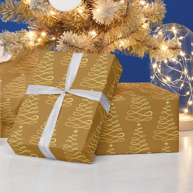 GOLD BROWN CHRISTMAS TREE HAPPY HOLIDAY  WRAPPING PAPER (Holidays)