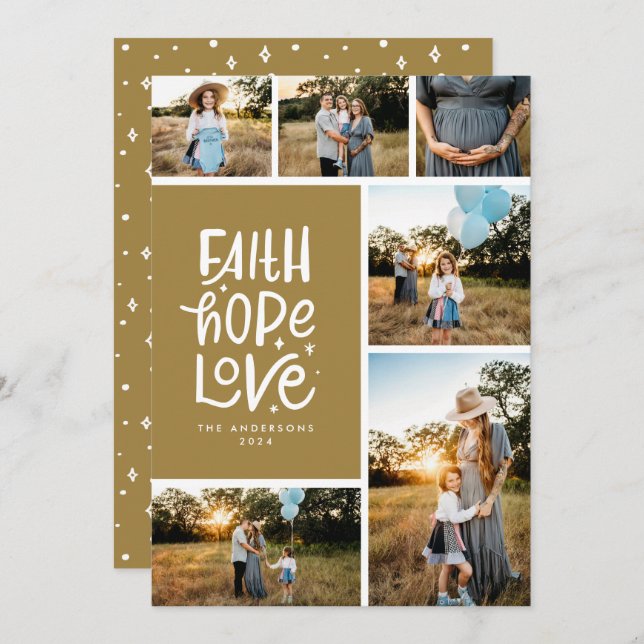 Gold Brown faith hope love multiple Photo Holiday Card (Front/Back)