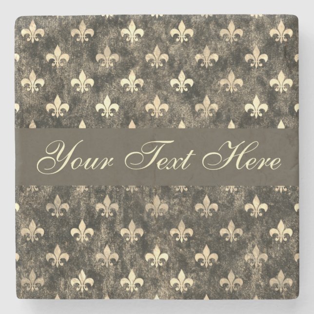 Gold Brown Fleur De Lis Custom Text Stone Coaster (Front)