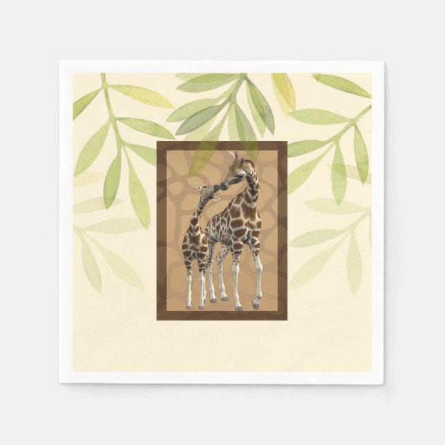 Gold Brown Kissing Giraffes Zoo Baby Shower Napkin (Front)
