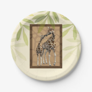 Gold Brown Kissing Giraffes Zoo Baby Shower Paper Plate