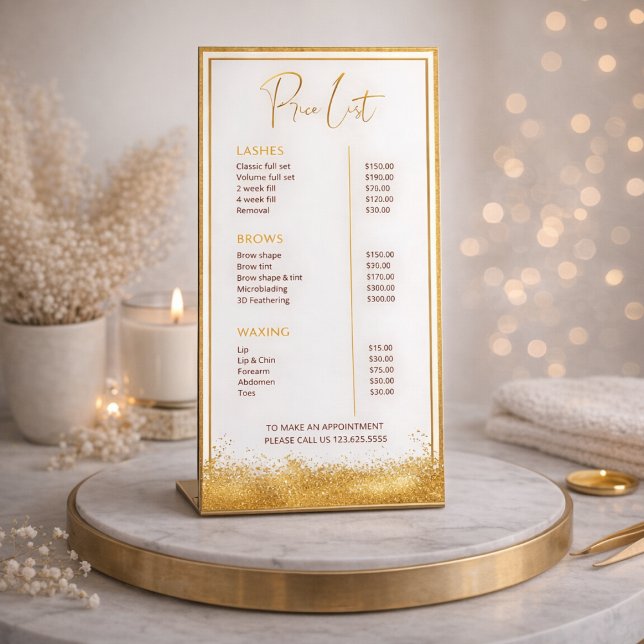 Gold & Brown Lash Tech Price List | Luxury Beauty  Pedestal Sign (Creator Uploaded)