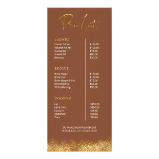 Gold & Brown Lash Tech Price List | Luxury Beauty Rack Card