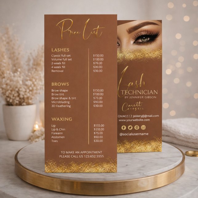 Gold & Brown Lash Tech Price List | Luxury Beauty  Rack Card (Creator Uploaded)