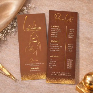 Gold & Brown Lash Tech Price List | Luxury Beauty  Rack Card