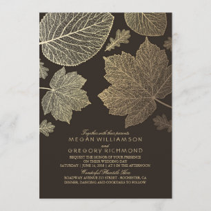 Gold Brown Leaves Vintage Fall Wedding Invitation