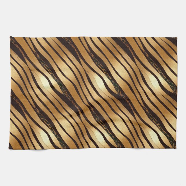 Gold Brown Leopard Print Stripes Tea Towel (Horizontal)