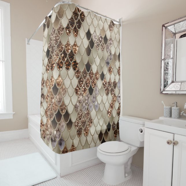 Gold Brown Mermaid Scales Glam #1 (Faux Glitter)  Shower Curtain (In Situ)