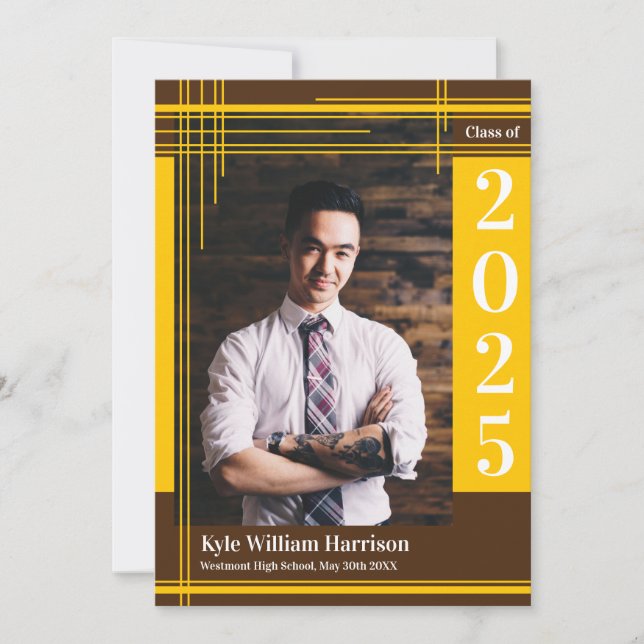 Gold Brown School Colour Graduation Photo Plaid Invitation (Front)