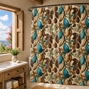 Gold Brown Turquoise Cacao Botanical Pattern Shower Curtain