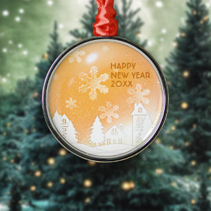 Gold Brown White Snow House Happy New Year Metal Tree Decoration