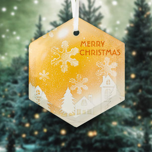 Gold Brown White Snow House Merry Christmas Glass Tree Decoration