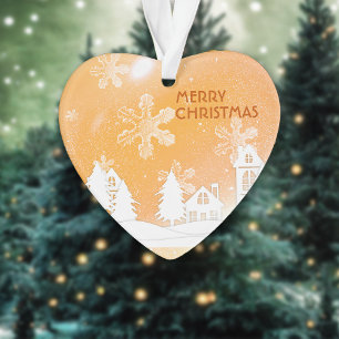 Gold Brown White Snow House Xmas New Year Ornament