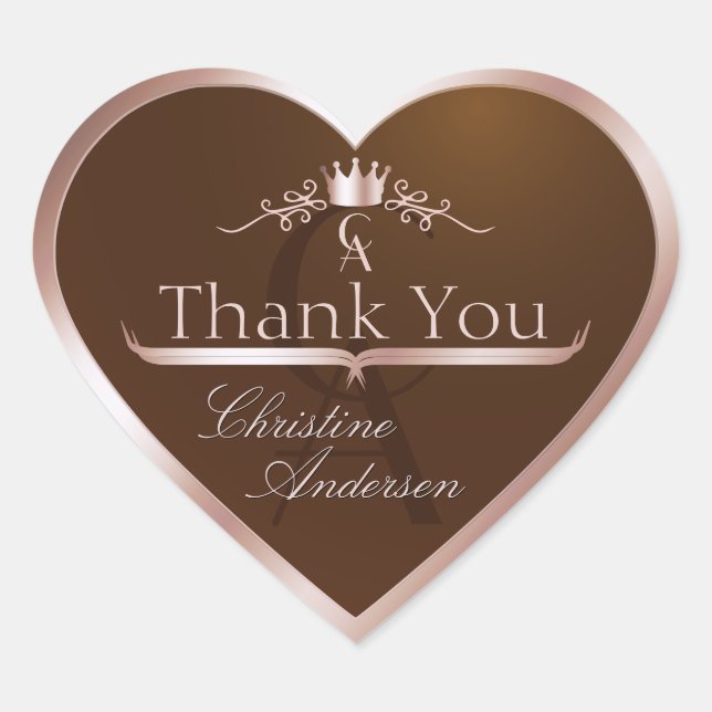 Gold Brown with Rose Gold Frame Monogram Thank You Heart Sticker (Front)