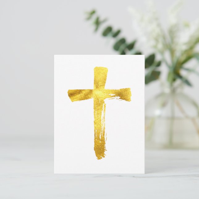 Gold Brush Cross - Christian God Jesus Crucifix Holiday Postcard (Standing Front)