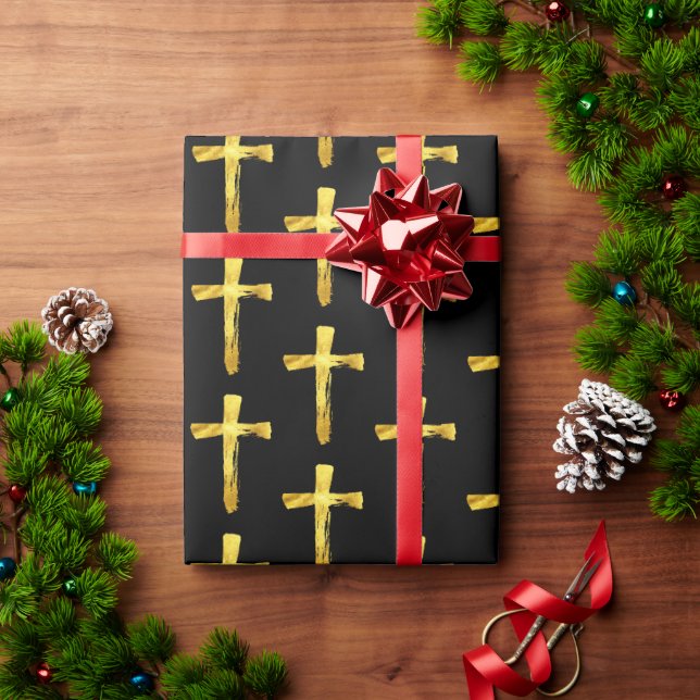 Gold Brush Cross Christian Religious Crucifix God  Wrapping Paper (Holiday Gift)