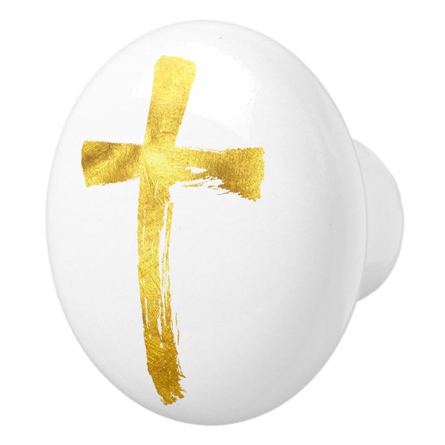 Gold Brush Cross - Modern Christian Crucifix Ceramic Knob (Right)