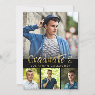 Gold Brush Graduate Photo Collage Black Invitation