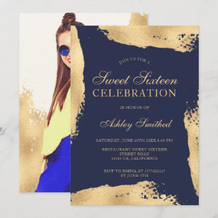 Gold brush metallic foil navy photo sweet sixteen invitation
