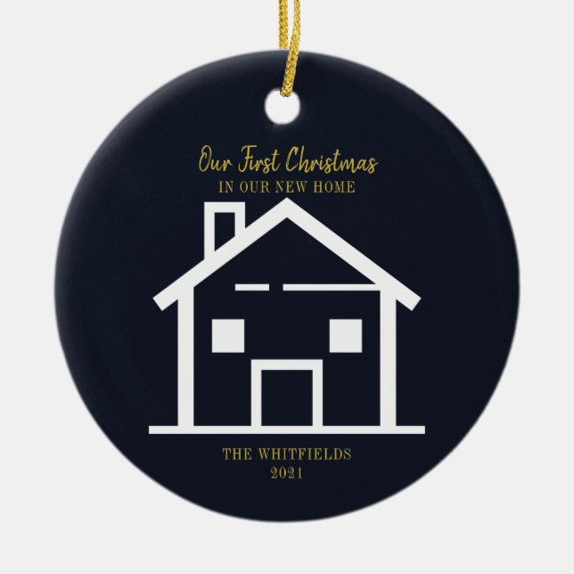 Gold Brush Script First Christmas Holiday New Home Ceramic Tree Decoration (Front)