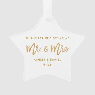 Gold Brush Script First Christmas Mr. Mrs. Star Ornament