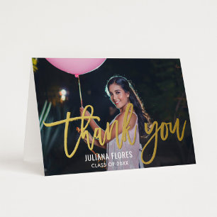 Gold Brush Script Graduation Photo Thank You Foil Greeting Card