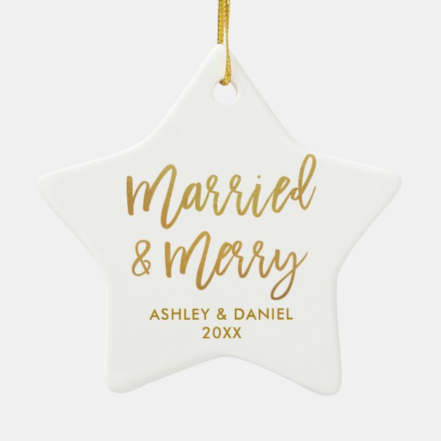 Gold Brush Script Married & Merry Wedding Star Ceramic Tree Decoration (Back)