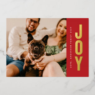 Gold Brush Stamped JOY on Christmas Red Photo Foil Holiday Card