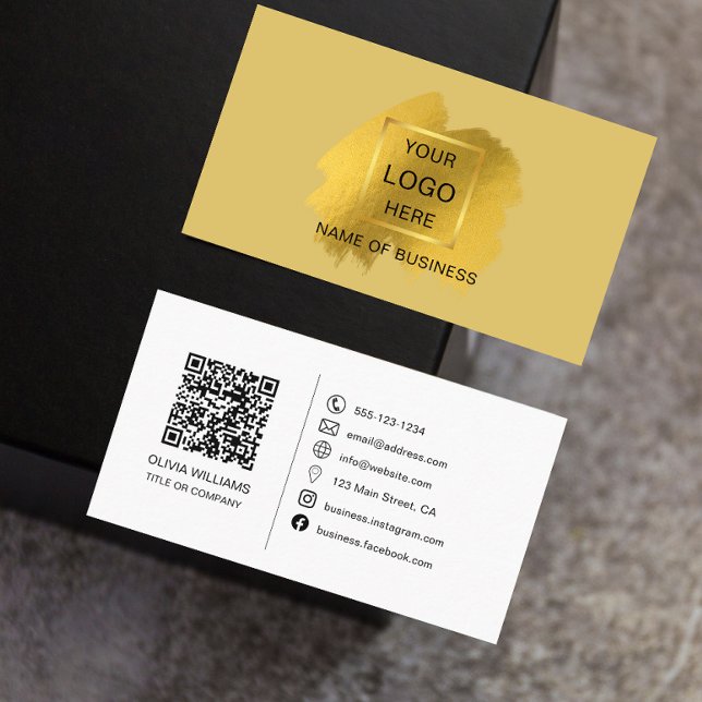 Gold Brush Stroke QR code & Social Media Icon  Bus Business Card (Creator Uploaded)