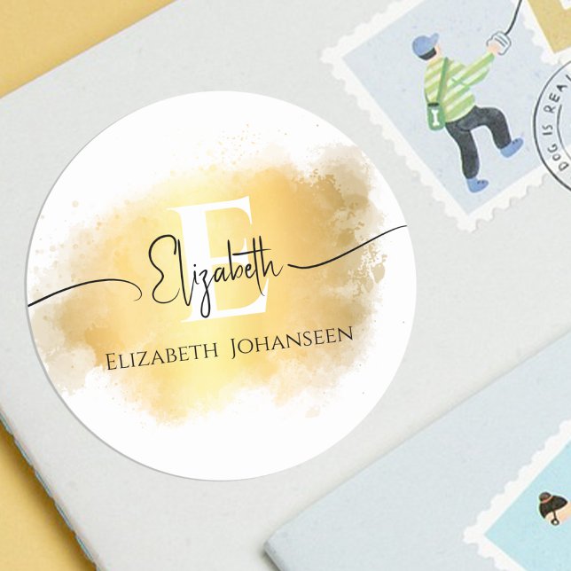 Gold Brush Stroke White Monogram Black Script Name Classic Round Sticker (Creator Uploaded)