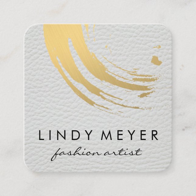 Gold Brushed and White Leather Square Business Card (Front)