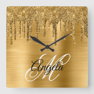 Gold Brushed Foil Glitter Drip Fancy Monogram Square Wall Clock