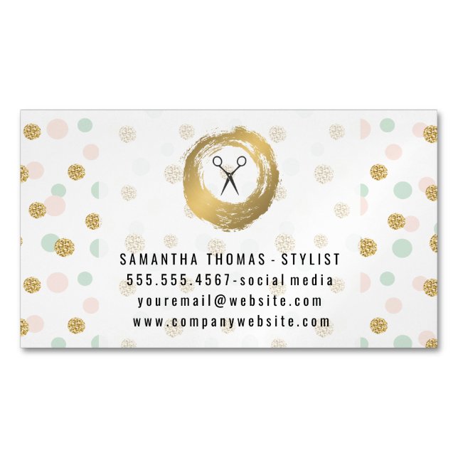 Gold Brushed | Glitter Polka Dots Magnetic Business Card (Front)