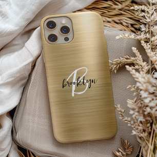 Gold Brushed Metal Black White Script Monogram  iPhone 15 Case