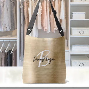 Gold Brushed Metal Black White Script Monogram  Crossbody Bag