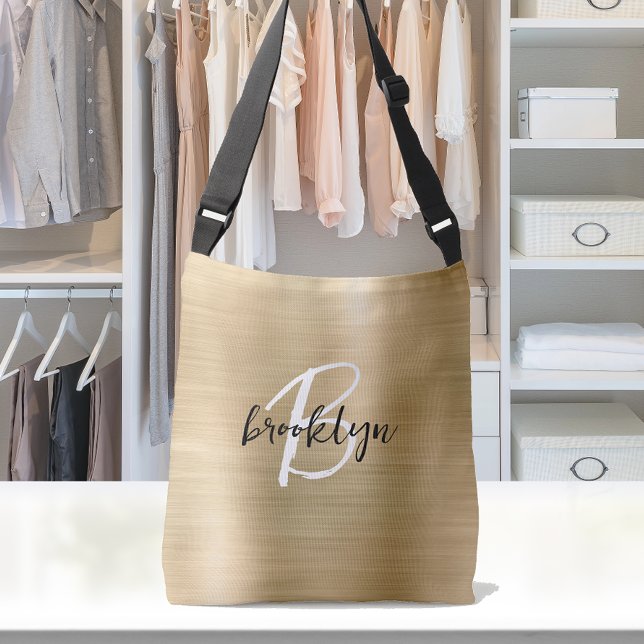 Gold Brushed Metal Black White Script Monogram  Crossbody Bag (Creator Uploaded)