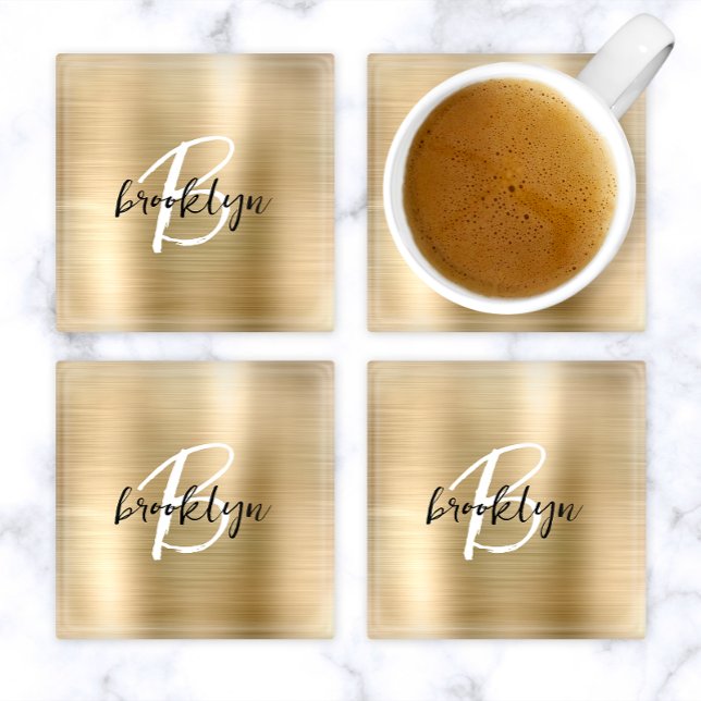 Gold Brushed Metal Black White Script Monogram  Glass Coaster (Creator Uploaded)