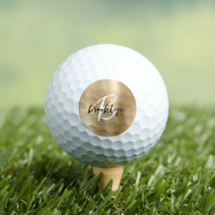 Gold Brushed Metal Black White Script Monogram  Golf Balls