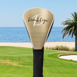 Gold Brushed Metal Black White Script Monogram Golf Head Cover