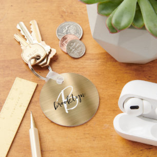 Gold Brushed Metal Black White Script Monogram Key Ring
