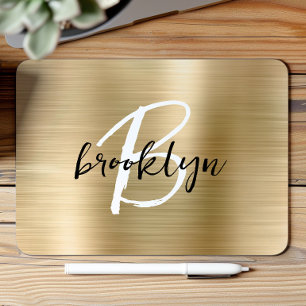Gold Brushed Metal Black White Script Monogram  Mouse Mat