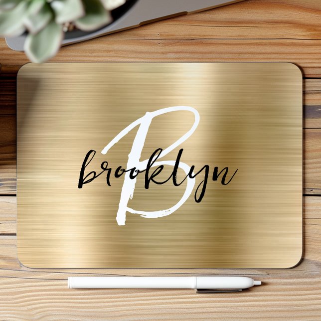 Gold Brushed Metal Black White Script Monogram  Mouse Mat (Creator Uploaded)