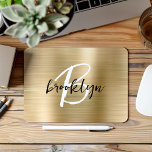 Gold Brushed Metal Black White Script Monogram  Mouse Mat<br><div class="desc">This elegant personalised mouse pad features a monogram and first name in modern black and white script on a glam gold brushed metal background.</div>